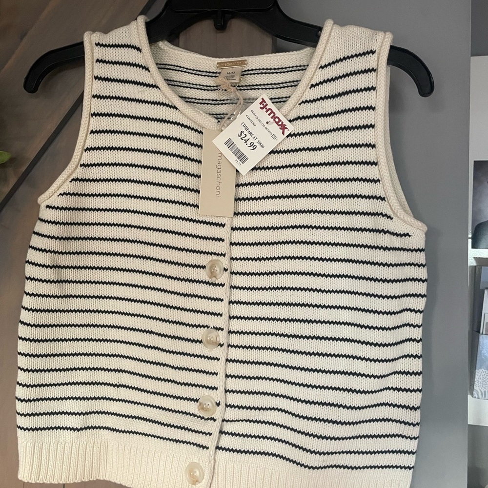 Magaschoni Cream and Black Striped Sleeveless Button Cardigan/vest